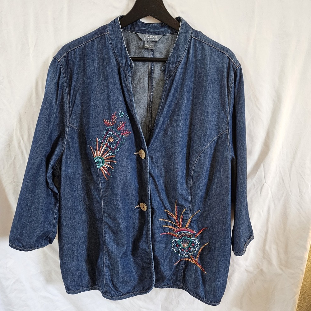 CityBlues by Koret 20W Embroidered Denim Jacket Soft Cotton Tencel Blend Blue